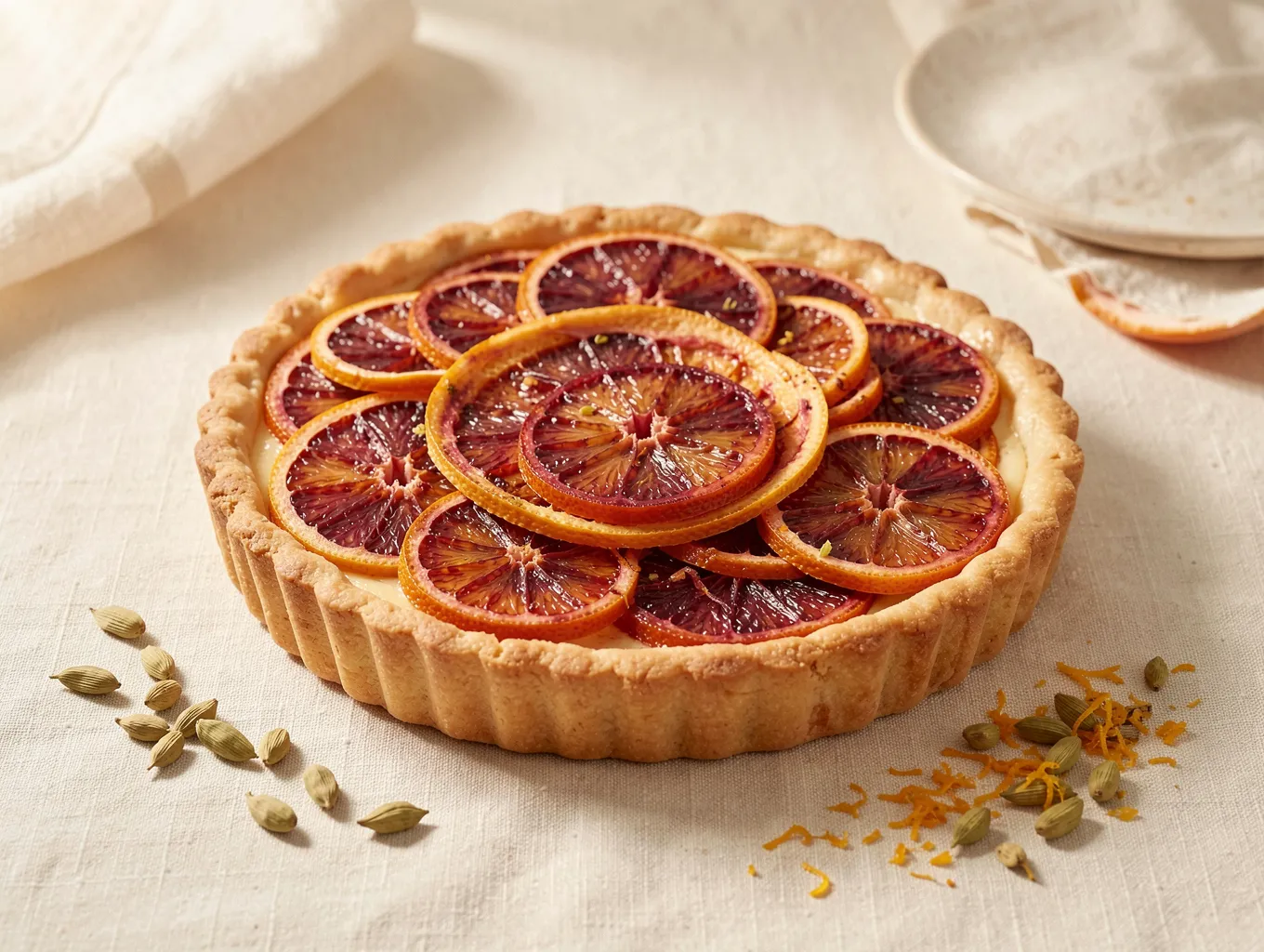Blood orange and cardamom tart with a golden crust