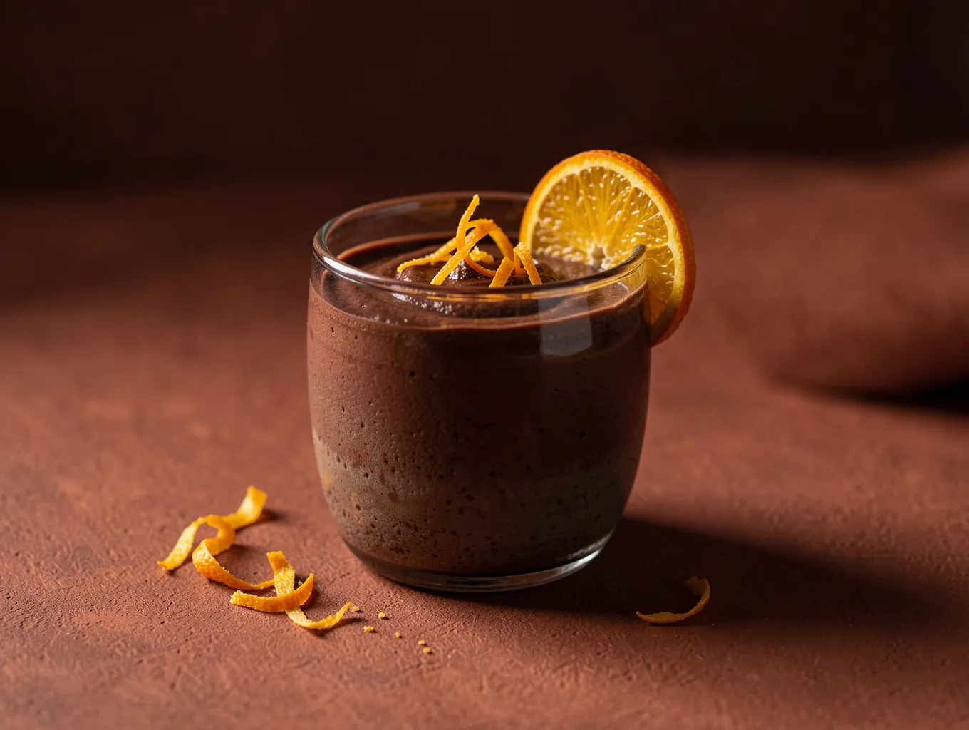 Dark chocolate orange mousse in a ceramic glass