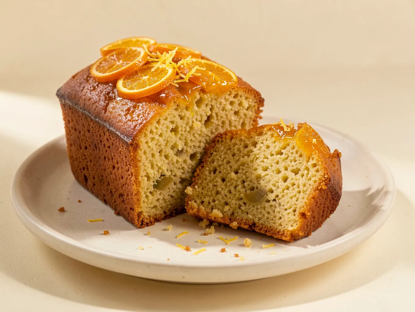 A slice of orange olive oil cake with glossy orange slices